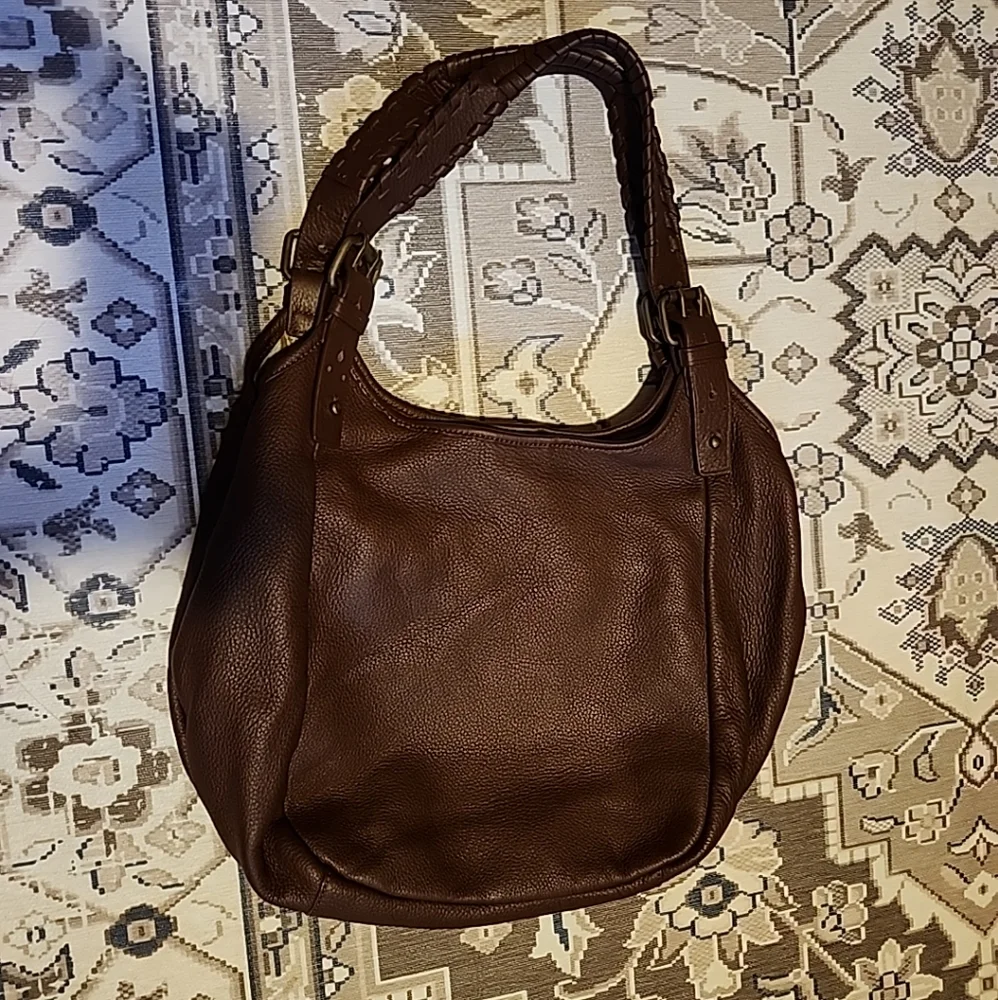 Luxe Rachel Zoe Brown Pebbled Leather Shoulder buckle bucket braided bag - Picture 14 of 16